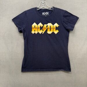 AC/DC T-Shirt  Womens Medium Navy Blue Graphic Band Gold Logo Short Sleeve